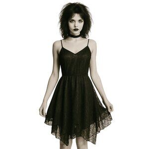 Vintage 90s Lace Handkerchief Hem Dress Size Medium Black Spaghetti Strap Goth